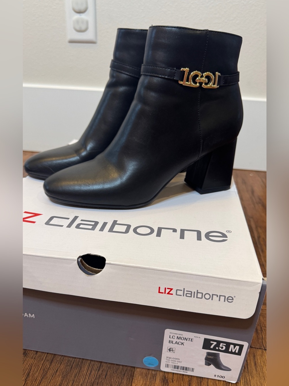 Liz Claiborne Black Leather Ankle Boots with Gold Hardware